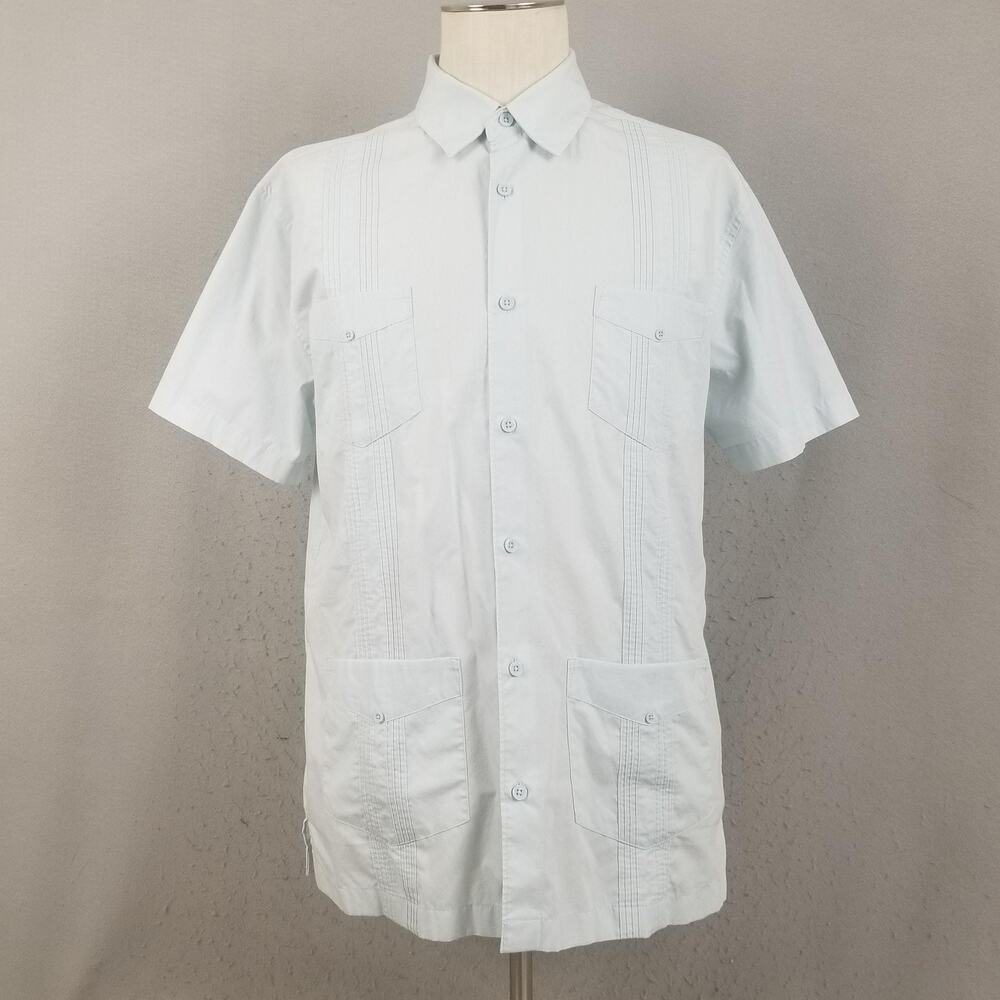 Cafe‎ Luna Shirt Mens Large Light Blue Guayabera Short Sleeve Pintuck 4 Pocket